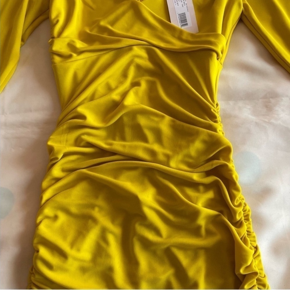 NEW! Cinq A Sept- Yellow Long Sleeve Ruched V Neck Miah Mini Dress NWOT - Picture 9 of 10